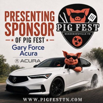 PigFest TN Presenting Sponsor Graphic - Pig driving white Acura - Gary Force Acura